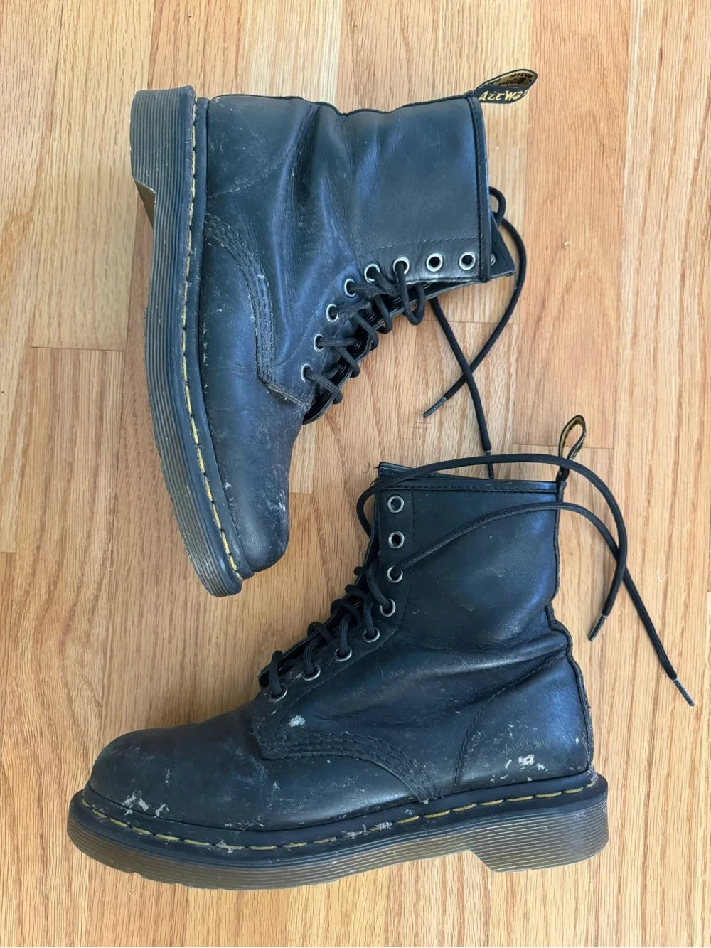 Dr. Martens Black Leather Lace-Up Boots with Yellow Stitching